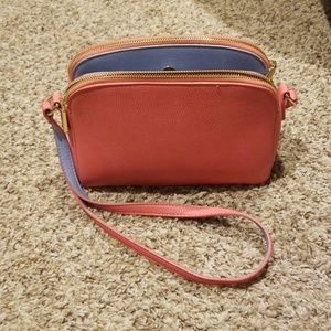 Coral and periwinkle purse with adjustable strap
